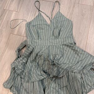 Fashion Nova Sage Green Striped Ruffle Romper